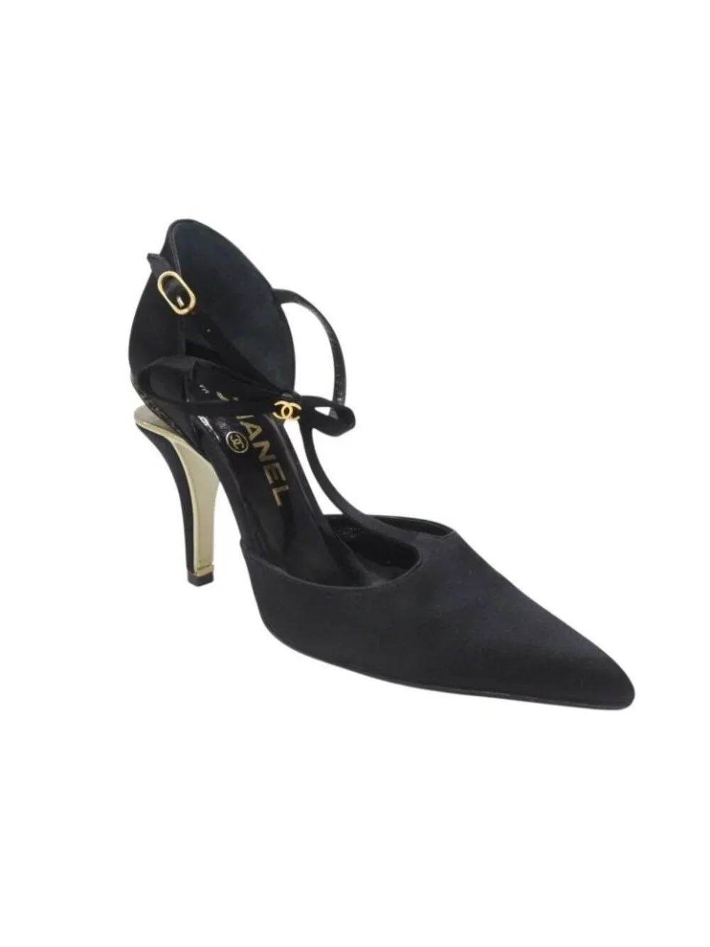 Chanel Stiletto Heels CC Logo Satin Black Goal